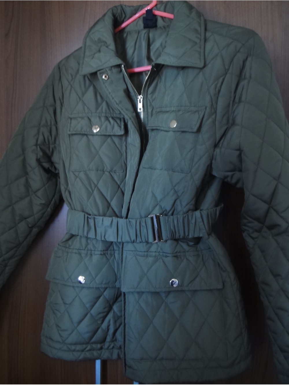 Quilted Utility Belted Jacket in Olive